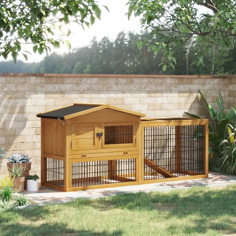PawHut 2 Levels Wooden Rabbit Hutch, Bunny Hutch House Guinea Pig Cage with Run Space, Removable Tray, Ramp & Waterproof Roof for Outdoor, Yellow
