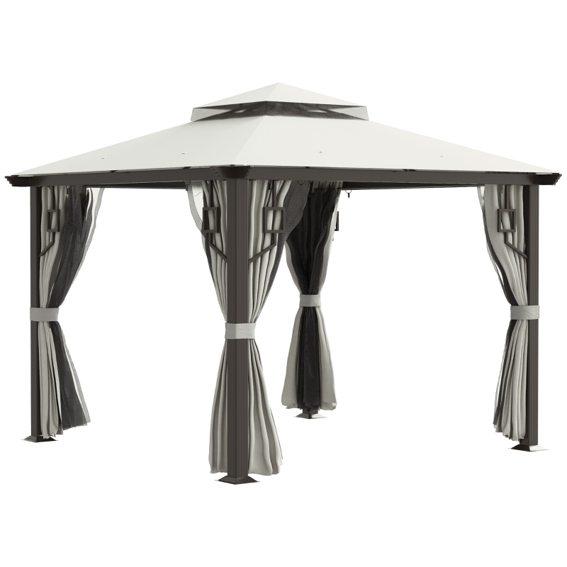 Outsunny 10' x 10' Patio Gazebo Outdoor Canopy Shelter with Double Tier Roof, Netting and Curtains, Cream White