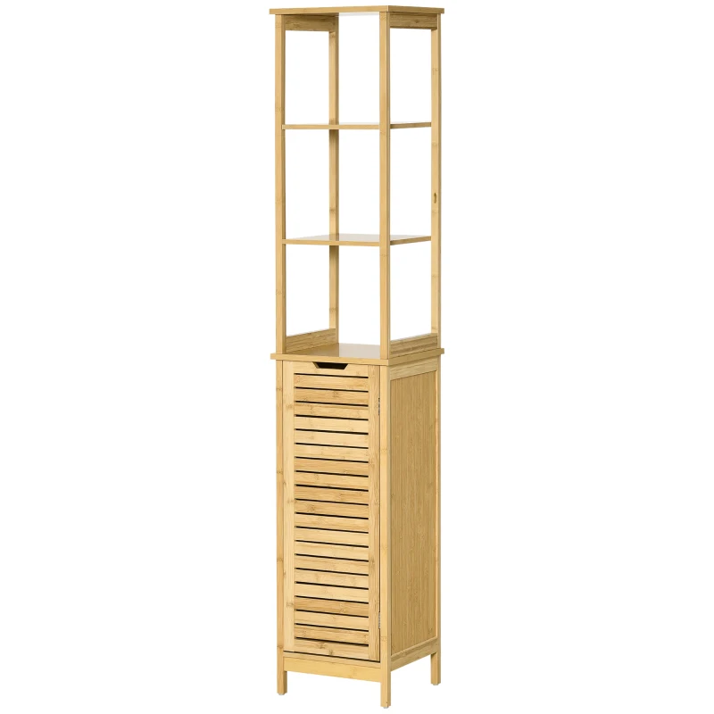 kleankin Bathroom Floor Cabinet with 3 Shelves and Cupboard, Slim and Freestanding Linen Tower with Storage, Natural