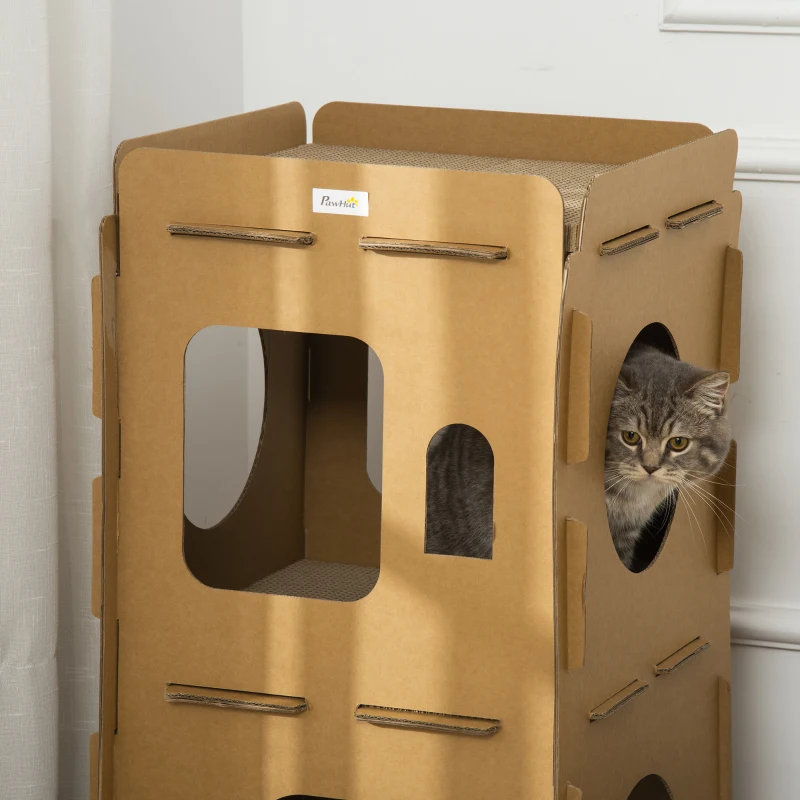PawHut Cardboard Cat House DIY Cat Tree with Condos, Scratching Pad Board Hideaway Toy Pet Furniture, Brown