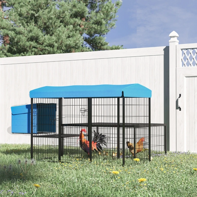 PawHut Metal Chicken Coop, Outdoor Poultry Cage, w/ Run, Nesting Box, Canopy, Blue