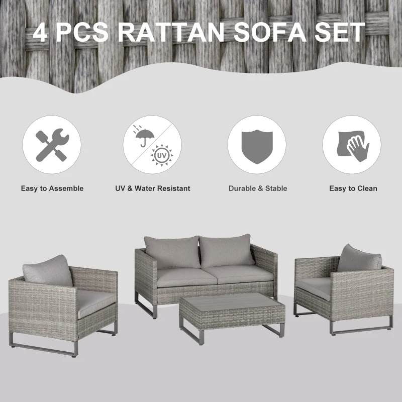 Outsunny 4 Pieces Patio Furniture Set, Deluxe PE Rattan Sofa Set Outdoor Furniture Set Wicker Conversation Furniture Lawn Patio Bistro Coffee Table Set w/Cushion, Grey