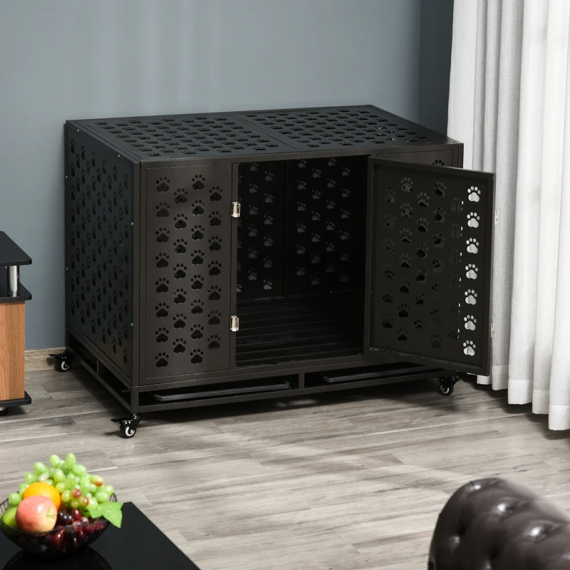 PawHut 45" Heavy Duty Steel Dog Crate Kennel Pet Cage with Wheels for Portability & 1 Doors for Convenient Access Anti-Pinching Floor, Black