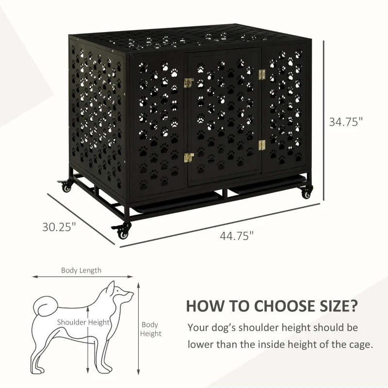 PawHut 45" Heavy Duty Steel Dog Crate Kennel Pet Cage with Wheels for Portability & 1 Doors for Convenient Access Anti-Pinching Floor, Black