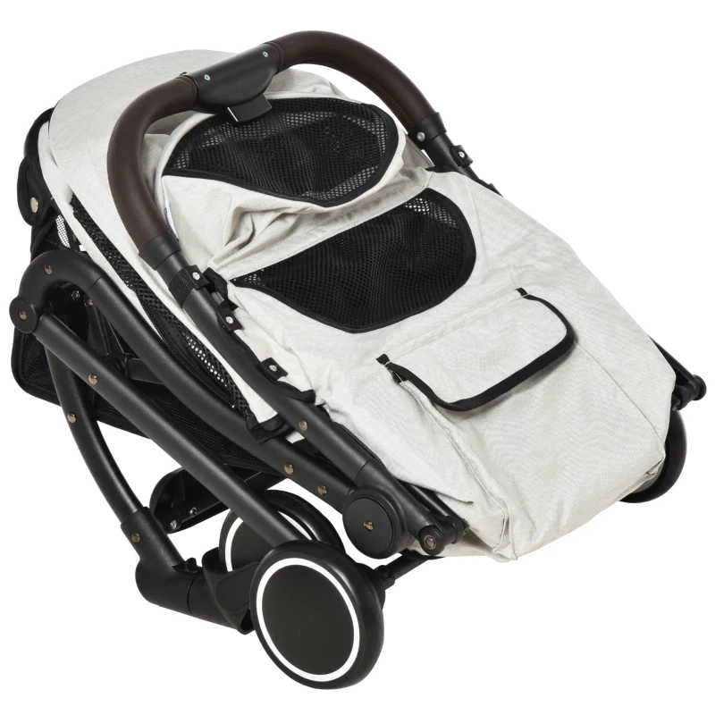 PawHut Travel Pet Stroller for Dogs, Cats, One-Click Fold Jogger Pushchair with Aluminum Frame, EVA Wheels, Brakes, Basket Storage, Safety Belts, Adjustable Canopy, Zippered Mesh Window Door, Beige