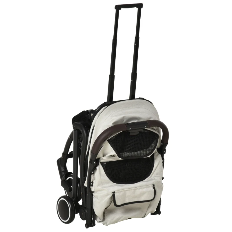 PawHut Travel Pet Stroller for Dogs, Cats, One-Click Fold Jogger Pushchair with Aluminum Frame, EVA Wheels, Brakes, Basket Storage, Safety Belts, Adjustable Canopy, Zippered Mesh Window Door, Beige