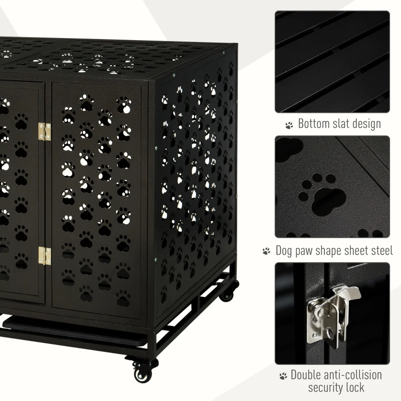 PawHut 45" Heavy Duty Steel Dog Crate Kennel Pet Cage with Wheels for Portability & 1 Doors for Convenient Access Anti-Pinching Floor, Black
