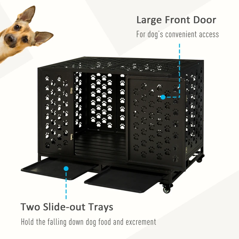 PawHut 45" Heavy Duty Steel Dog Crate Kennel Pet Cage with Wheels for Portability & 1 Doors for Convenient Access Anti-Pinching Floor, Black
