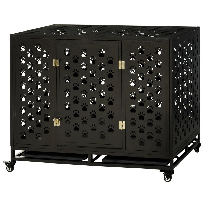 PawHut 45" Heavy Duty Steel Dog Crate Kennel Pet Cage with Wheels for Portability & 1 Doors for Convenient Access Anti-Pinching Floor, Black