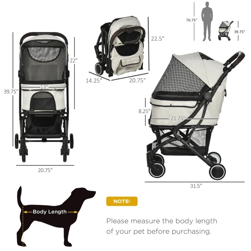 PawHut Travel Pet Stroller for Dogs, Cats, One-Click Fold Jogger Pushchair with Aluminum Frame, EVA Wheels, Brakes, Basket Storage, Safety Belts, Adjustable Canopy, Zippered Mesh Window Door, Beige