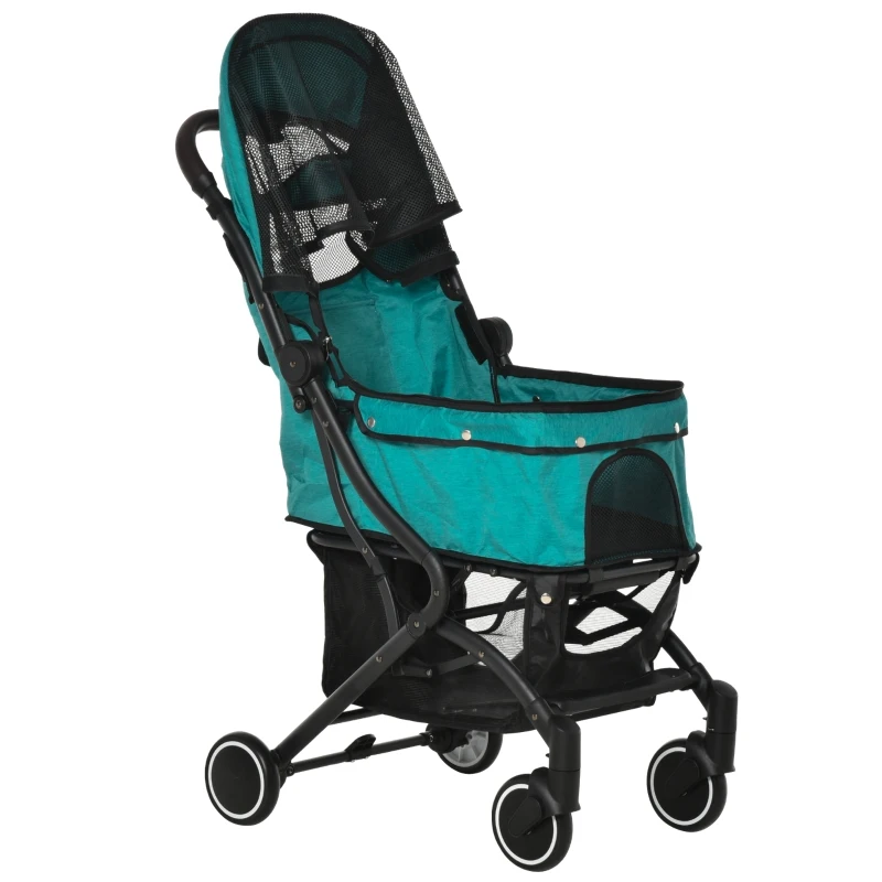 PawHut Travel Pet Stroller for Dogs, Cats, One-Click Fold Jogger Pushchair with Aluminum Frame, EVA Wheels, Brakes, Basket Storage, Safety Belts, Adjustable Canopy, Zippered Mesh Window Door, Blue