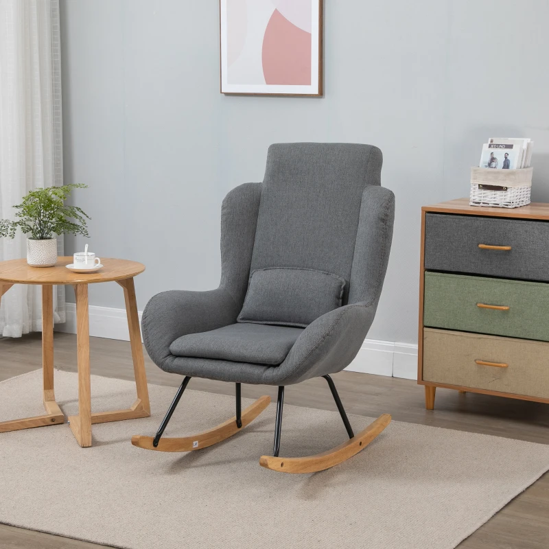 HOMCOM Modern Rocking Chair with Removable Lumbar Pillow Fabric Sofa Armchair with Thick Padding, Metal Frame, Wood Base for Living Room, Light Gray