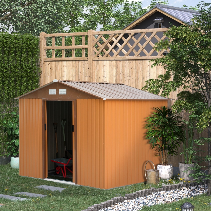 Outsunny 9.1’ x 6.3’ x 6.3’ Garden Storage Shed w/Floor Foundation Outdoor Patio Yard Metal Tool Storage House w/ Double Doors Yellow