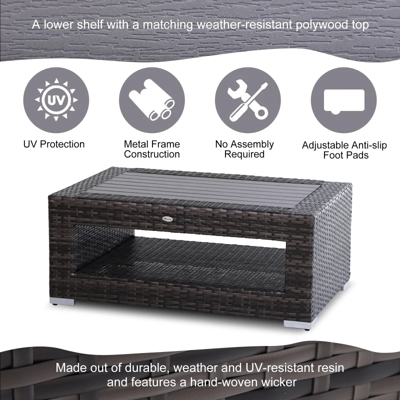 Outsunny Wicker Coffee Table with Height Adjustable Feet, 2 Tier Storage Shelf, Rattan Wicker Patio Table with Deluxe Slatted Top for Outdoor, Patio, Garden, Backyard, Mixed Grey