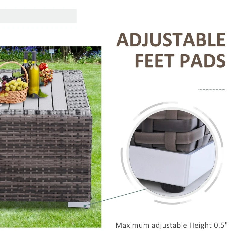 Outsunny Wicker Coffee Table with Height Adjustable Feet, 2 Tier Storage Shelf, Rattan Wicker Patio Table with Deluxe Slatted Top for Outdoor, Patio, Garden, Backyard, Mixed Grey