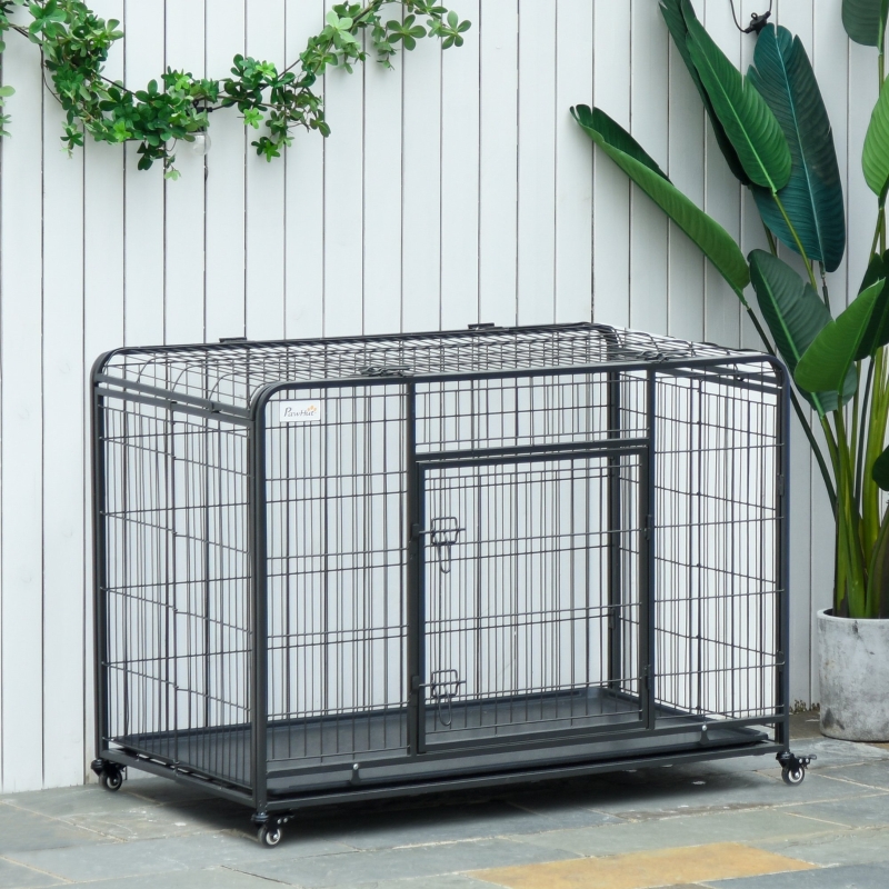 PawHut Folding Design Heavy Duty Metal Dog Cage Crate & Kennel with Removable Tray and Cover, & 4 Locking Wheels, Indoor/Outdoor 37" x 22.75" x 27.25"