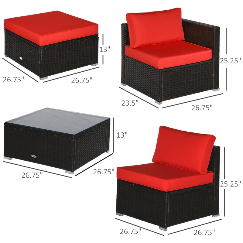 Outsunny 6 Piece Patio Furniture Set Outdoor Wicker Conversation Set All Weather PE Rattan Sectional Sofa Set with Ottoman, Cushions and Tempered Glass Table, Coffee and Red