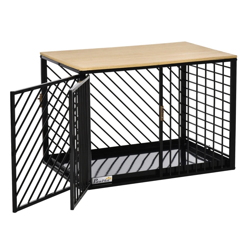 PawHut Furniture Style Dog Crate End Table w/ Cleaning Tray, Steel Dog Cage Kennel for Small Medium Pet Indoor Use Black