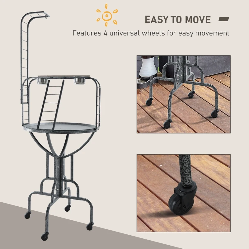 PawHut Parrot Stand Large Bird Perch Stand with Toy Hook & 3 Ladders, Parrot Perch with Easy Grip, Bird Wooden Stand, Gray