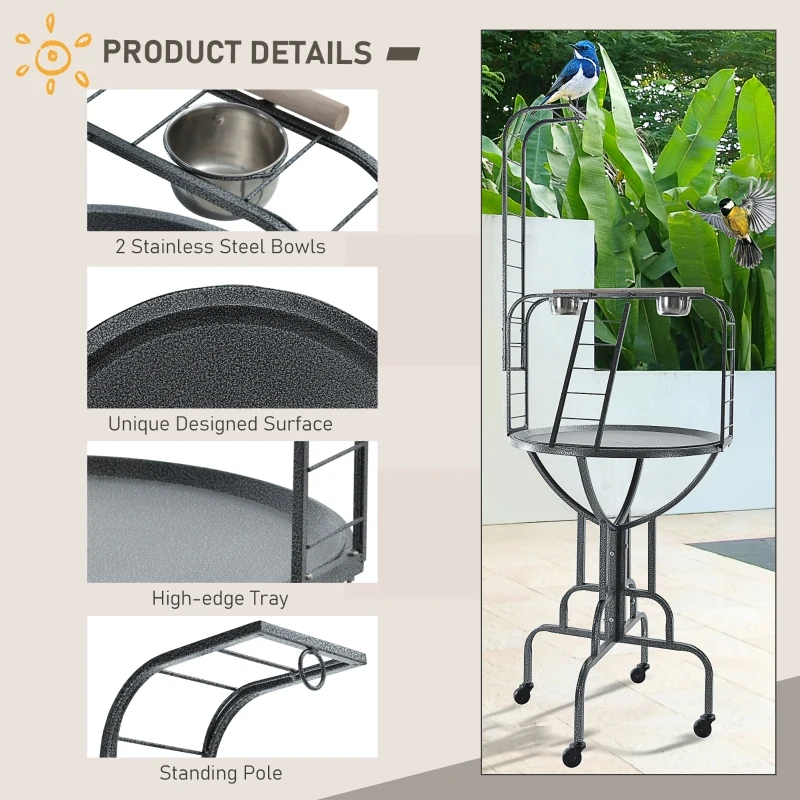 PawHut Parrot Stand Large Bird Perch Stand with Toy Hook & 3 Ladders, Parrot Perch with Easy Grip, Bird Wooden Stand, Gray