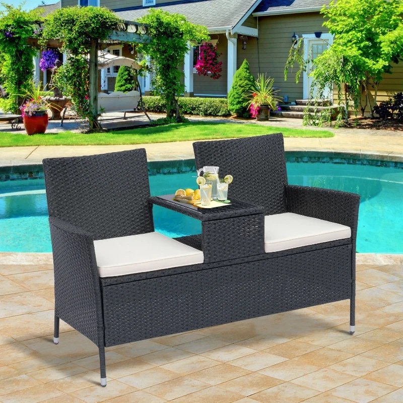 Outsunny Patio Wicker Conversation Furniture Set, Outdoor Rattan 2-Seater Chair, Modern Loveseat w/ Cushions & Tempered Glass Top Coffee Table for Garden, Lawn, Backyard, Porch, Black