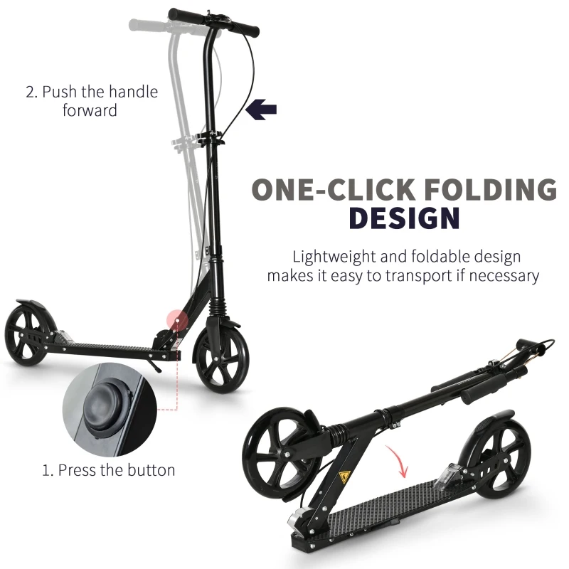 Soozier Foldable Kick Scooter for Teens Ages 12 Years and Up, Lightweight Scooters with Big Wheels, Adjustable Handlebars, One-Kick Open Mechanism and Dual Brakes System for Adult Teenage, Black