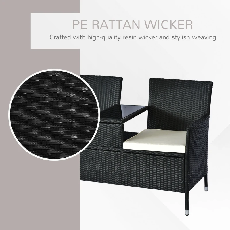 Outsunny Patio Wicker Conversation Furniture Set, Outdoor Rattan 2-Seater Chair, Modern Loveseat w/ Cushions & Tempered Glass Top Coffee Table for Garden, Lawn, Backyard, Porch, Black
