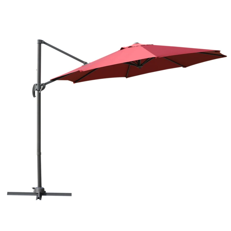 Outsunny Φ9.6' Round Patio Hanging Offset Umbrella Aluminum Outdoor Cantilever Crank Market Parasol Garden Sun Canopy Shelter 360° Rotation w/ Cross Base Wine Red
