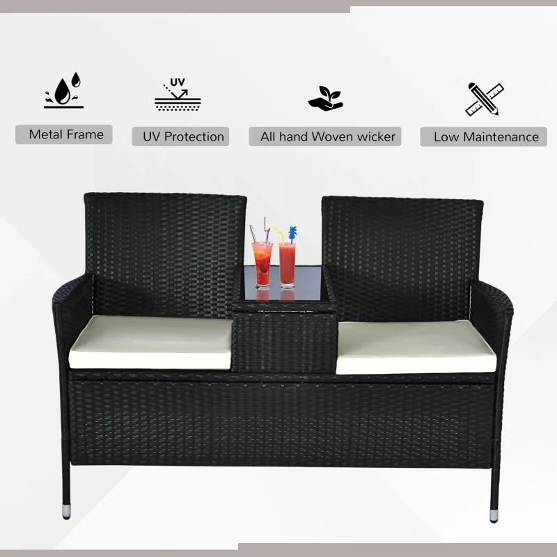 Outsunny Patio Wicker Conversation Furniture Set, Outdoor Rattan 2-Seater Chair, Modern Loveseat w/ Cushions & Tempered Glass Top Coffee Table for Garden, Lawn, Backyard, Porch, Black