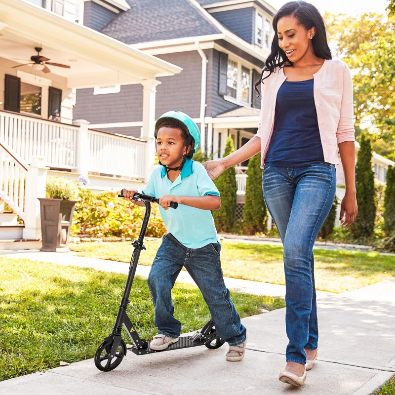 Soozier Foldable Kick Scooter for Teens Ages 12 Years and Up, Lightweight Scooters with Big Wheels, Adjustable Handlebars, One-Kick Open Mechanism and Dual Brakes System for Adult Teenage, Black