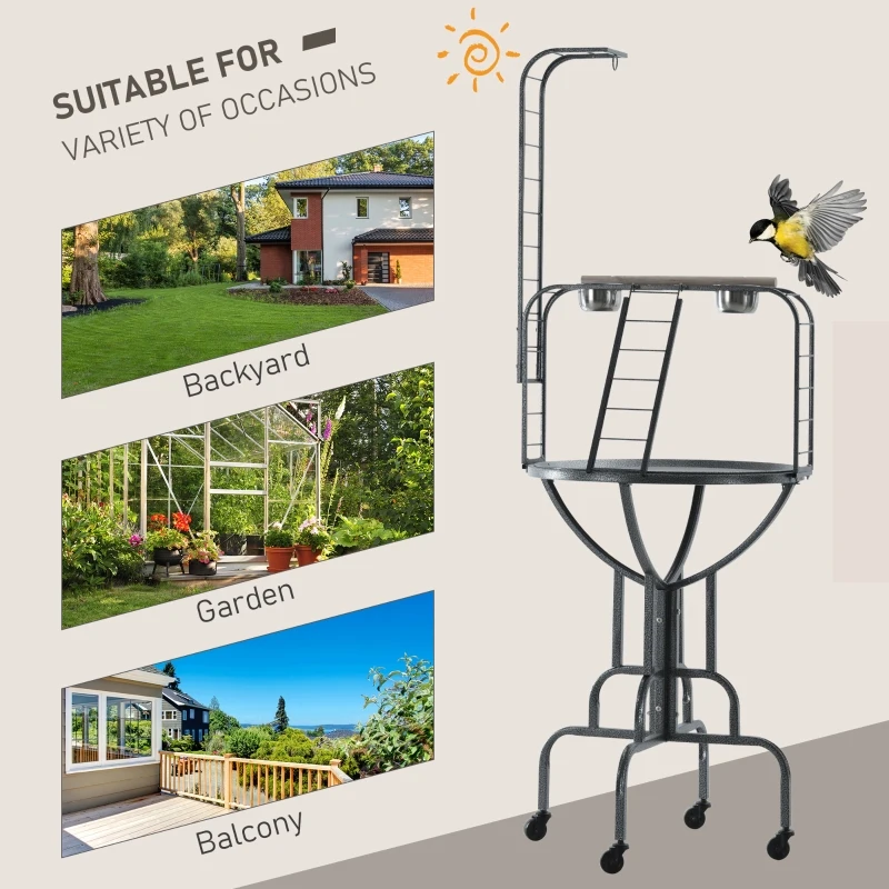 PawHut Parrot Stand Large Bird Perch Stand with Toy Hook & 3 Ladders, Parrot Perch with Easy Grip, Bird Wooden Stand, Gray