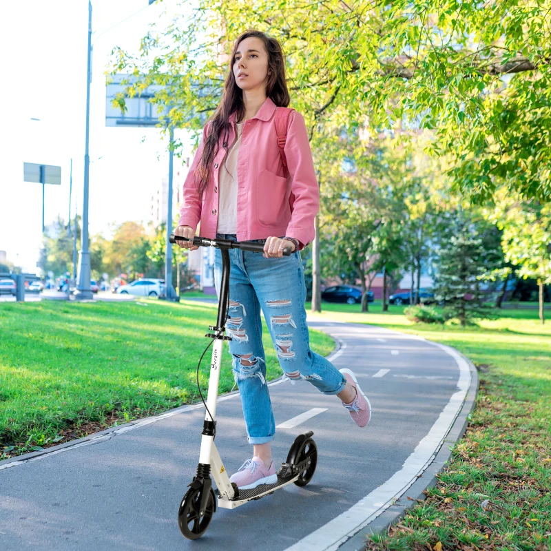 Soozier Foldable Kick Scooter for Teens Ages 12 Years and Up, Lightweight Scooters with Big Wheels, Adjustable Handlebars, One-Kick Open Mechanism and Dual Brakes System for Adult Teenage, White