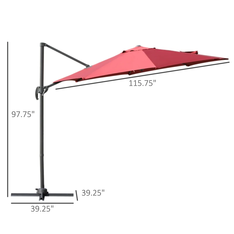 Outsunny Φ9.6' Round Patio Hanging Offset Umbrella Aluminum Outdoor Cantilever Crank Market Parasol Garden Sun Canopy Shelter 360° Rotation w/ Cross Base Wine Red
