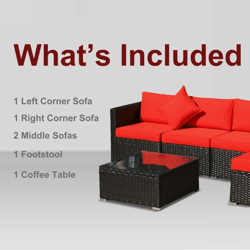 Outsunny 6 Piece Patio Furniture Set Outdoor Wicker Conversation Set All Weather PE Rattan Sectional Sofa Set with Ottoman, Cushions and Tempered Glass Table, Coffee and Red