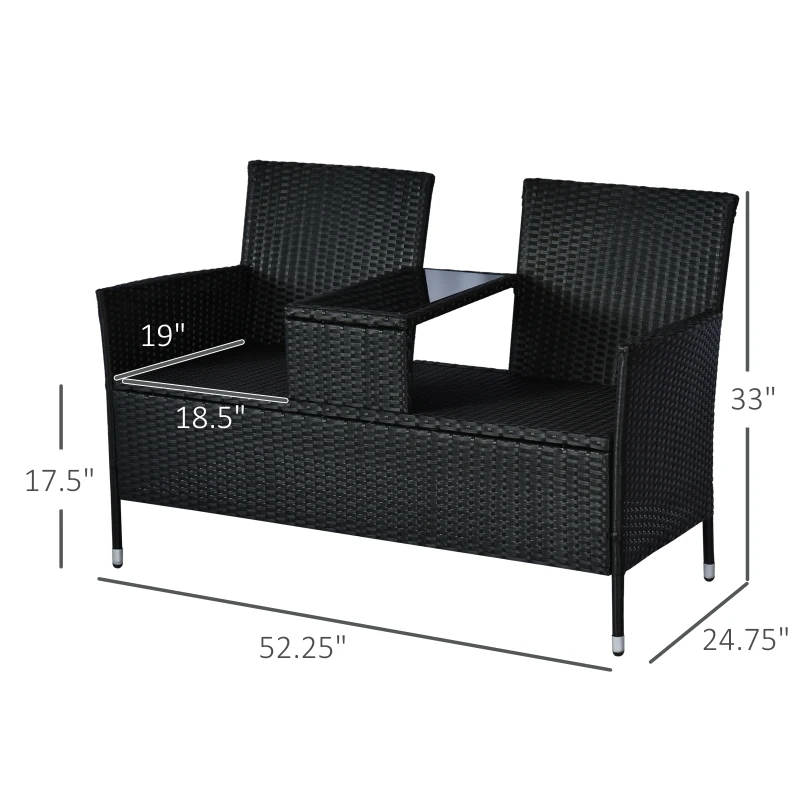 Outsunny Patio Wicker Conversation Furniture Set, Outdoor Rattan 2-Seater Chair, Modern Loveseat w/ Cushions & Tempered Glass Top Coffee Table for Garden, Lawn, Backyard, Porch, Black