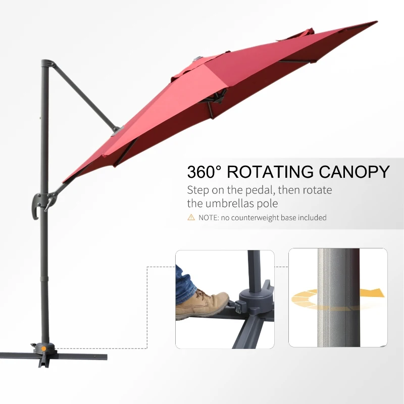 Outsunny Φ9.6' Round Patio Hanging Offset Umbrella Aluminum Outdoor Cantilever Crank Market Parasol Garden Sun Canopy Shelter 360° Rotation w/ Cross Base Wine Red