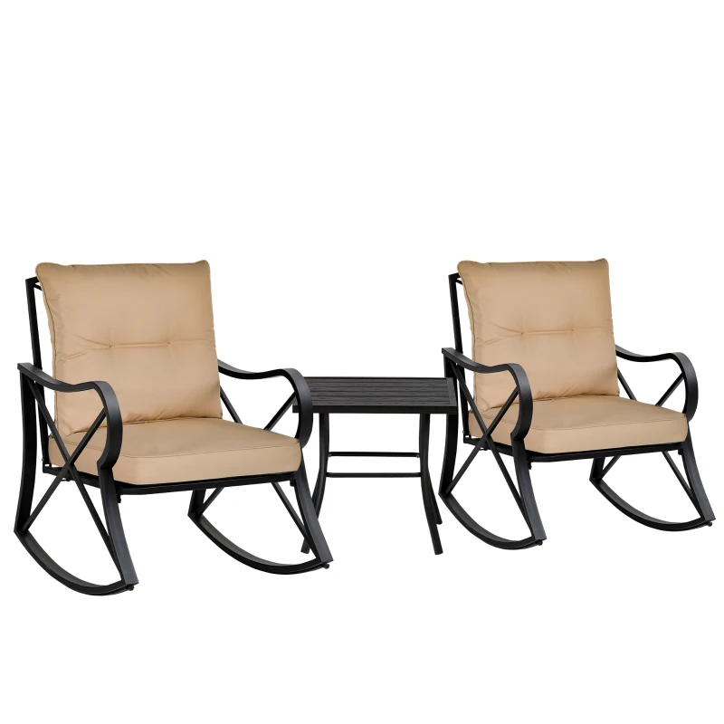 Outsunny 3-Piece Patio Bistro Set Outdoor Rocking Coffee Table Chair Set with Curved Base, Soft Cushions, Steel Frame, Beige