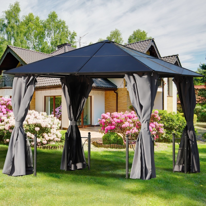 Outsunny 10' x 10' Patio Garden PC Board Aluminum Hardtop Gazebo Party Wedding Marquee Tent with Curtains and Netting, Black