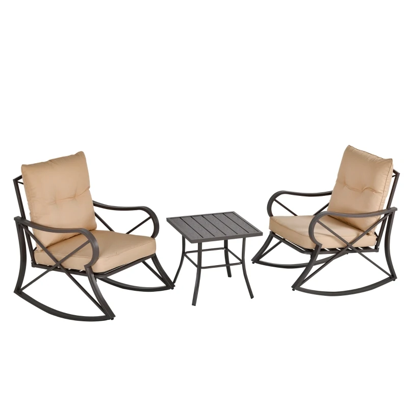 Outsunny 3-Piece Patio Bistro Set Outdoor Rocking Coffee Table Chair Set with Curved Base, Soft Cushions, Steel Frame, Beige