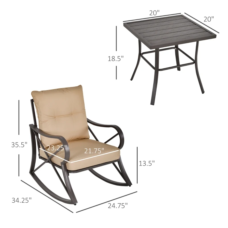 Outsunny 3-Piece Patio Bistro Set Outdoor Rocking Coffee Table Chair Set with Curved Base, Soft Cushions, Steel Frame, Beige