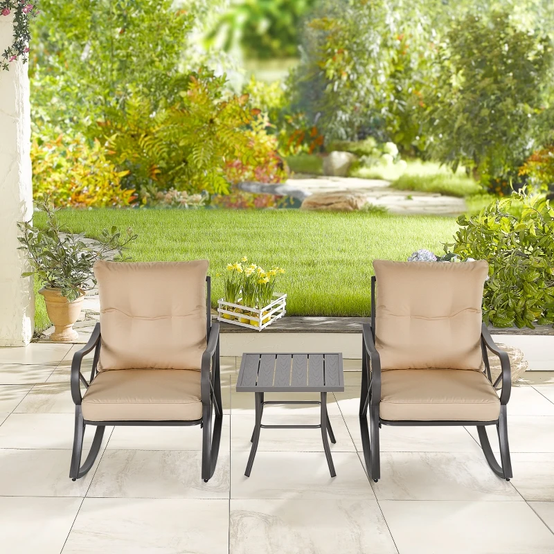 Outsunny 3-Piece Patio Bistro Set Outdoor Rocking Coffee Table Chair Set with Curved Base, Soft Cushions, Steel Frame, Beige