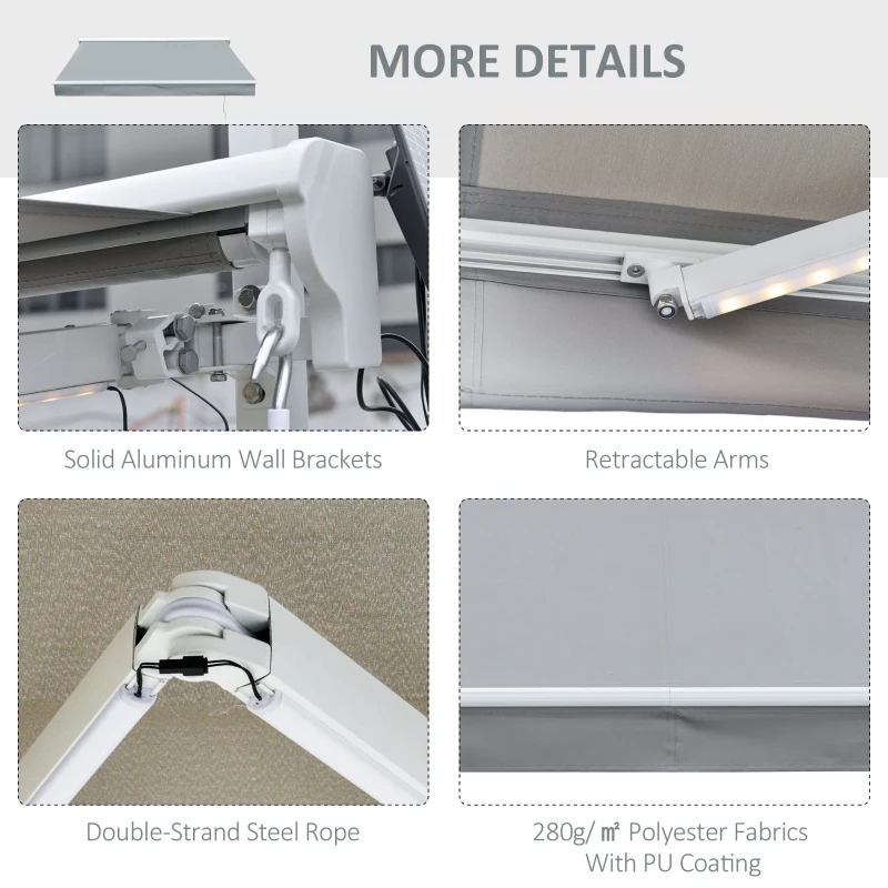 Outsunny 3x2.5m Retractable Manual Awning Window Door Sun Shade Canopy Patio Shelter w/ LED  Grey