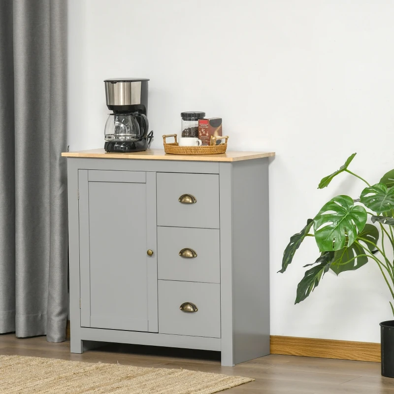 HOMCOM Modern Kitchen Cabinet, Storage Sideboard, Buffet Table with Rubberwood Top, 3 Drawers and Cabinet with Adjustable Shelf, Grey