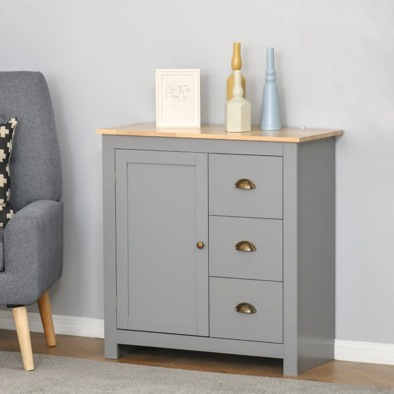 HOMCOM Modern Kitchen Cabinet, Storage Sideboard, Buffet Table with Rubberwood Top, 3 Drawers and Cabinet with Adjustable Shelf, Grey