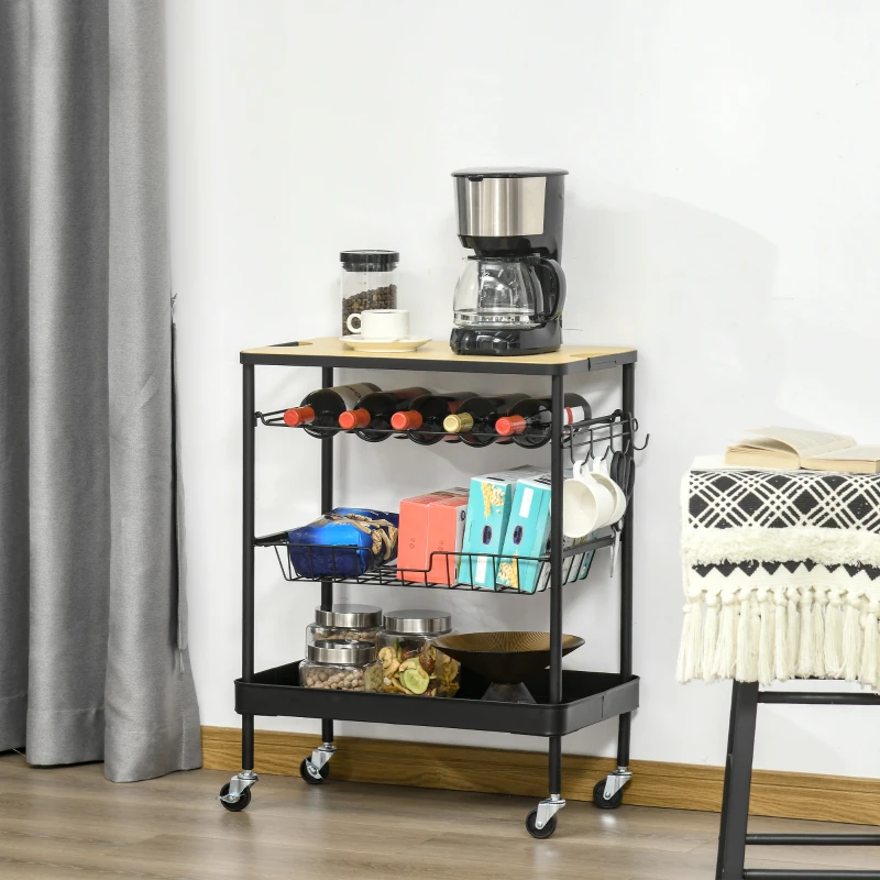 HOMCOM Rolling Kitchen Cart, 3-Tier Utility Storage Trolley with Wine Rack, Mesh Drawer and Side Hooks for Dining Room, Black/Natural