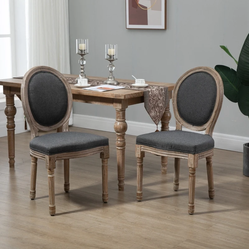 HOMCOM Vintage Armless Dining Chairs Set of 2, French Chic Side Chairs with Curved Backrest and Linen Upholstery for Kitchen, or Living Room, Grey