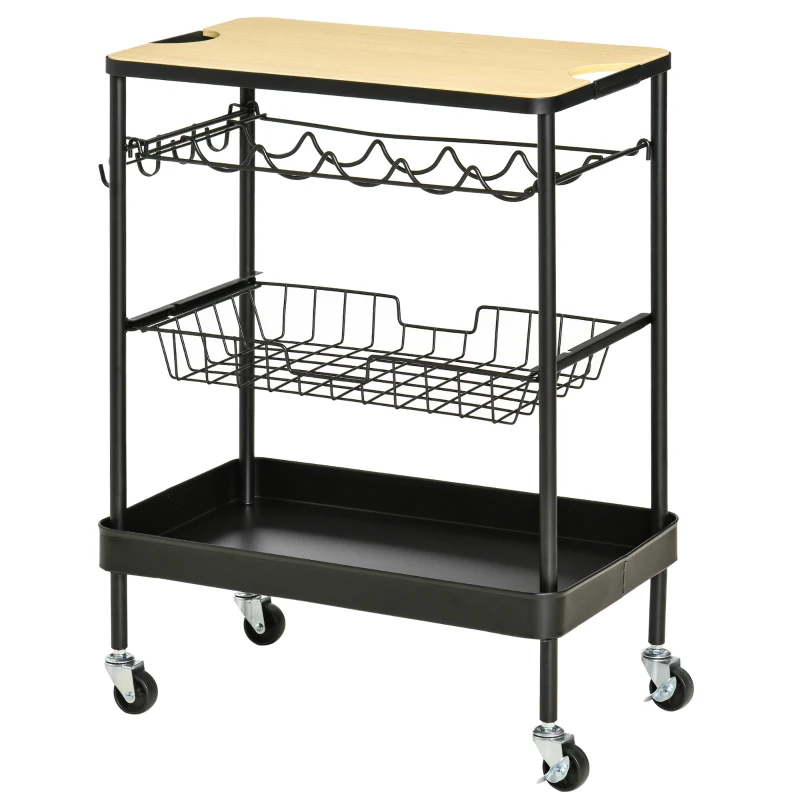 HOMCOM Rolling Kitchen Cart, 3-Tier Utility Storage Trolley with Wine Rack, Mesh Drawer and Side Hooks for Dining Room, Black/Natural
