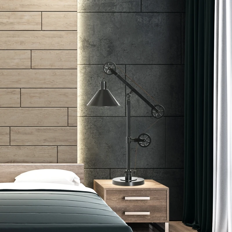 HOMCOM Industrial Table Lamp with Steel Frame, for LED Halogen Bulb, Bedside Lamp with Rotary Switch for Bedroom Living Room Study, Black