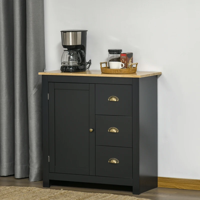 HOMCOM Modern Kitchen Cabinet, Storage Sideboard, Buffet Table with Rubberwood Top, 3 Drawers and Cabinet with Adjustable Shelf, Black