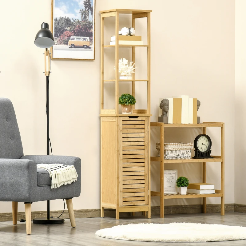 kleankin Bathroom Floor Cabinet with 3 Shelves and Cupboard, Slim and Freestanding Linen Tower with Storage, Natural